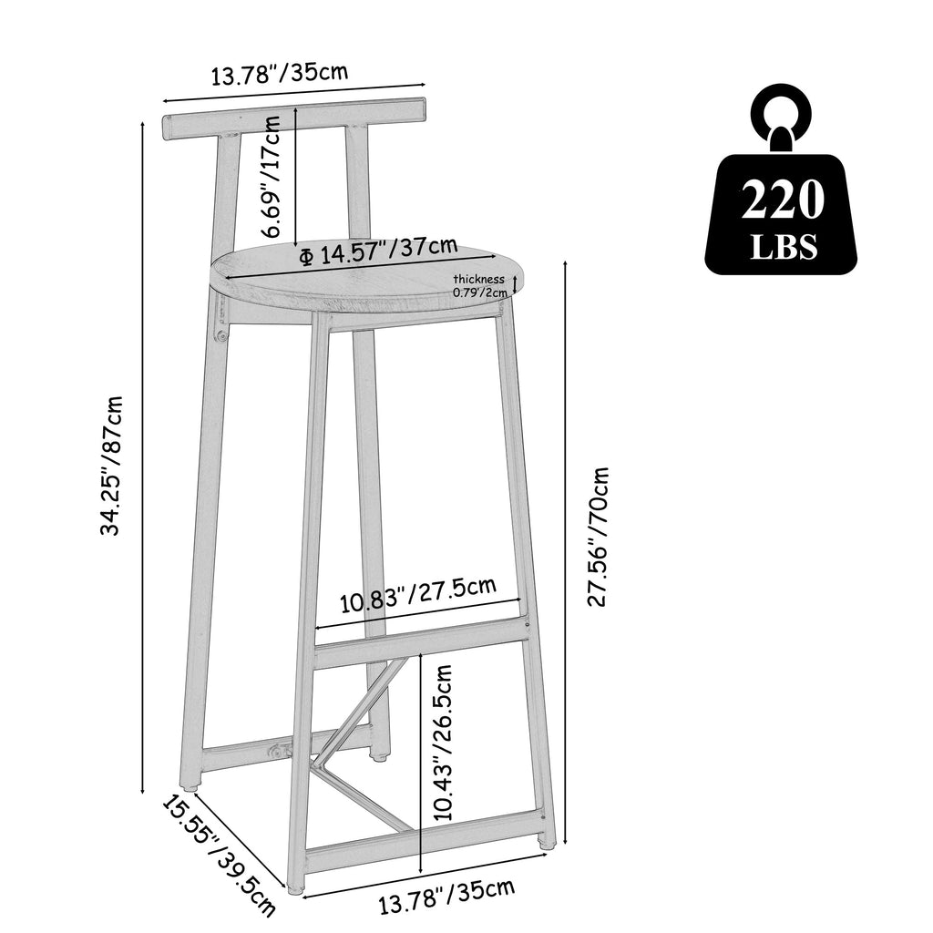 27''H Barstool Set of 3 Wooden Round Bar Stools with Footrest
