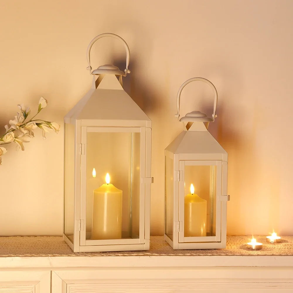 Set of 2-17.5"&13.5" Metal Candle Lanterns(White）