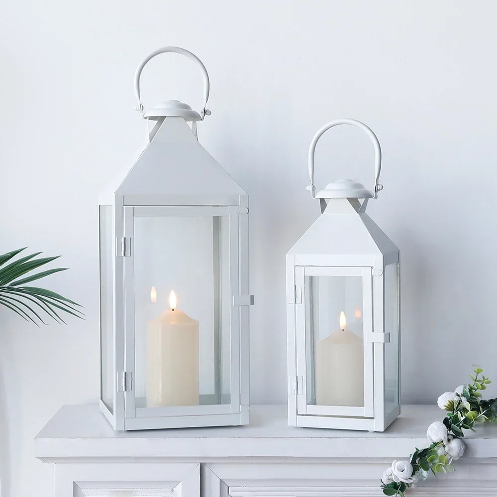 Set of 2-17.5"&13.5" Metal Candle Lanterns(White）
