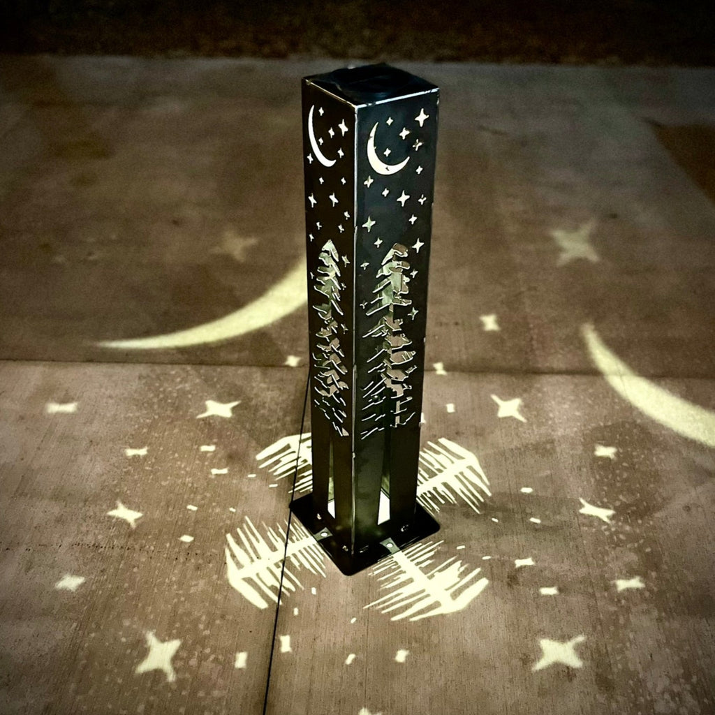 4-Sided Night Sky Pine Tree Solar Pillar - Steel
