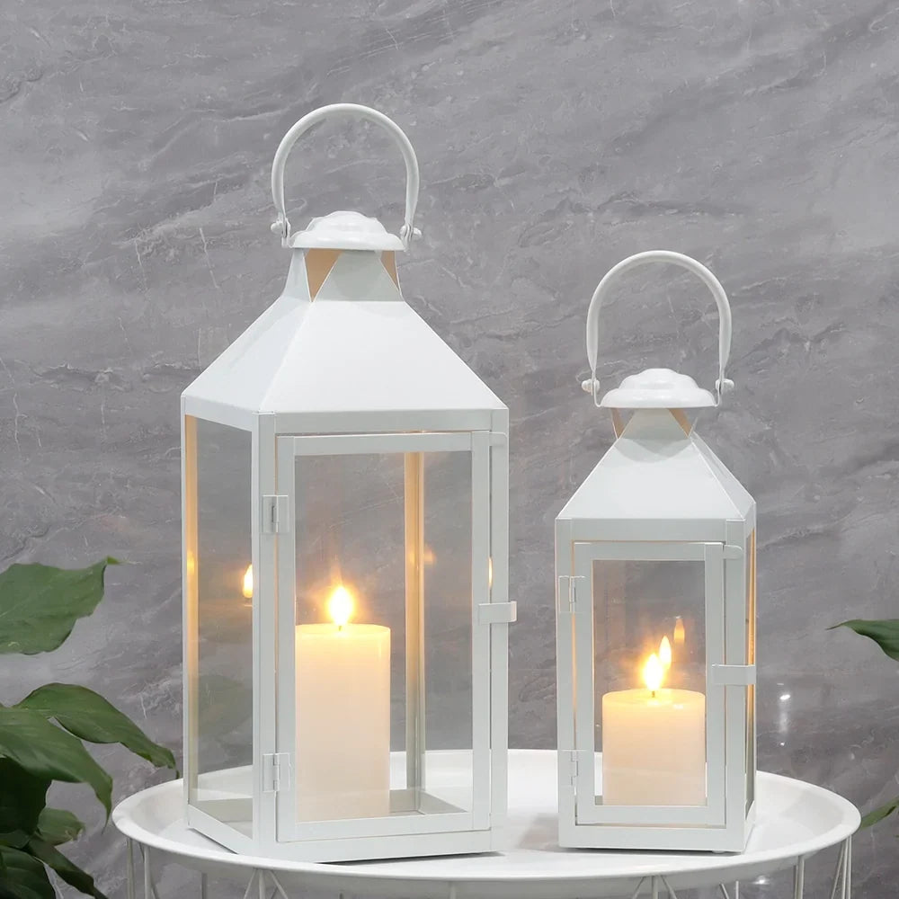 Set of 2-17.5"&13.5" Metal Candle Lanterns(White）