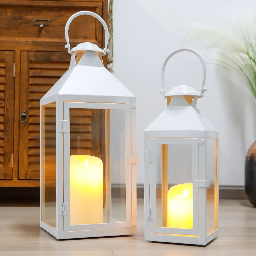 Set of 2-17.5"&13.5" Metal Candle Lanterns(White）