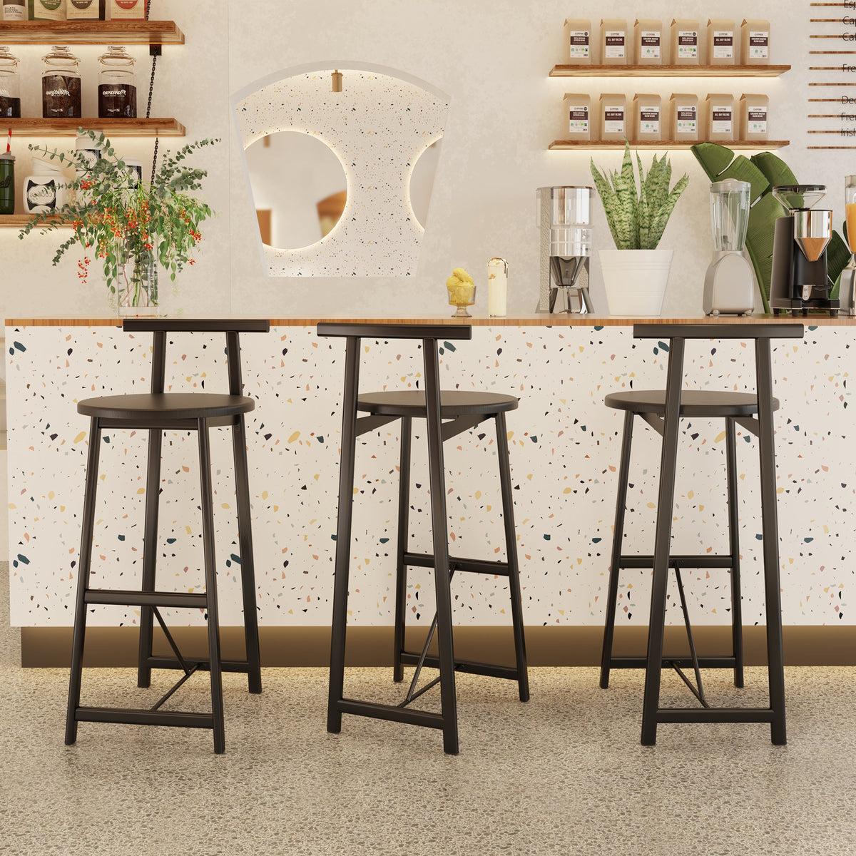 27''H Barstool Set of 3 Wooden Round Bar Stools with Footrest