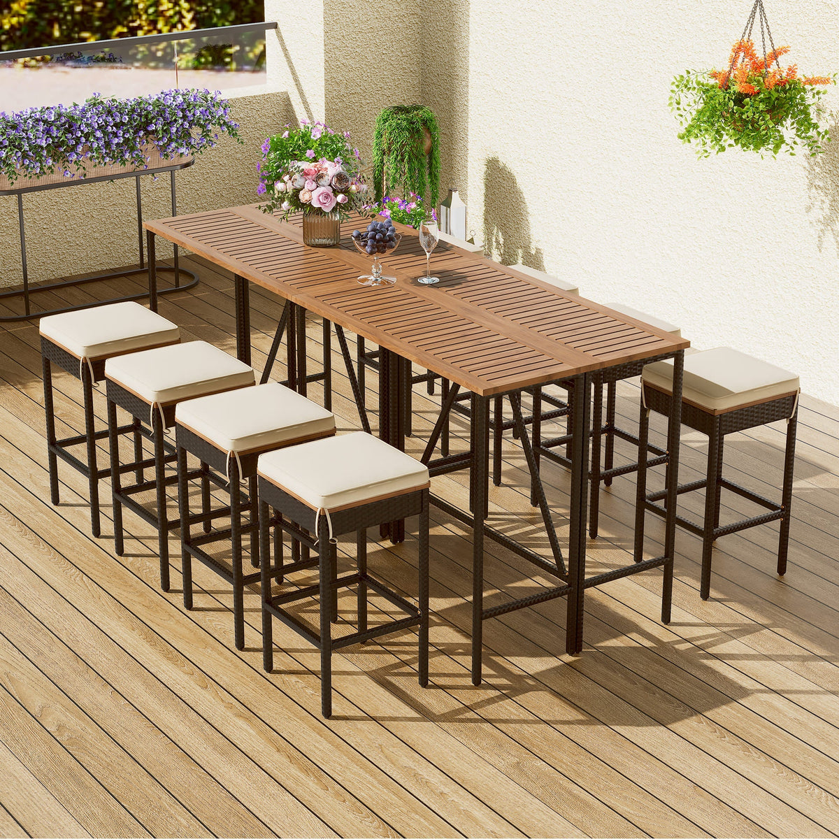 GO 10-Piece Outdoor Acacia Wood Bar Height Table And Stools Set