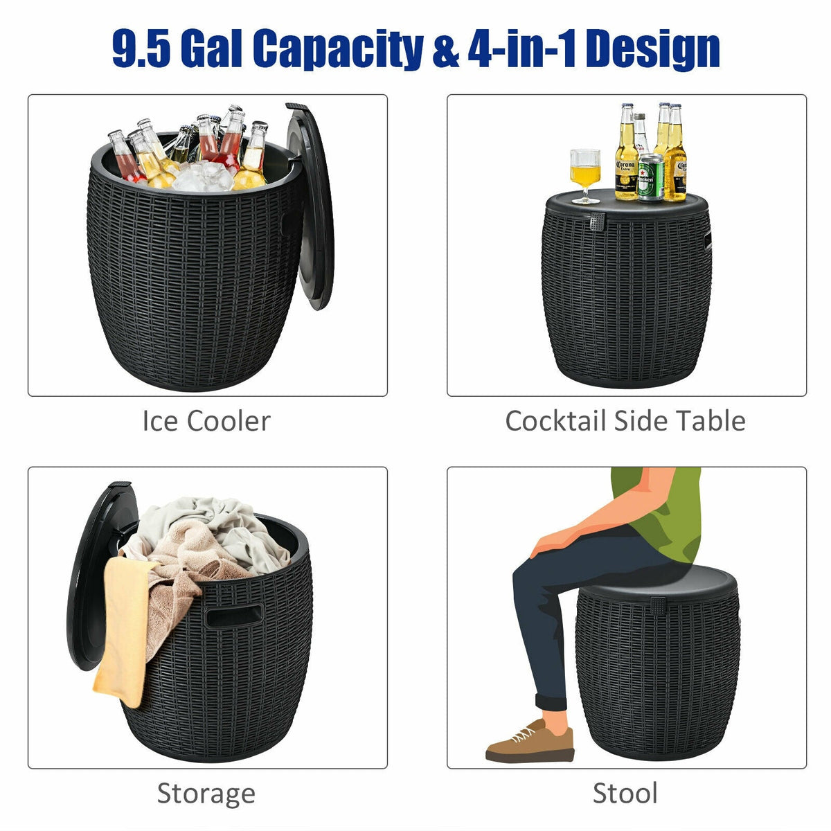 9.5 Gallon 4-in-1 Patio Rattan Cool Bar Cocktail Table Side Table