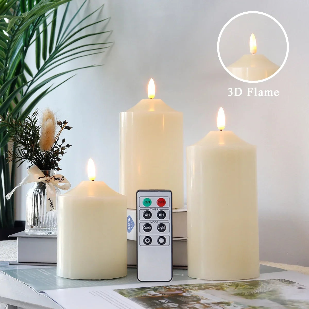 4/5/6inch High 3D Flameless Candles (Set of 3)